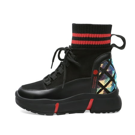 

Women‘s Colorblock Lace Up Inner Wedge Round Toe Boots Contrast Faux Leather Casual Short Boots Women‘s Shoes