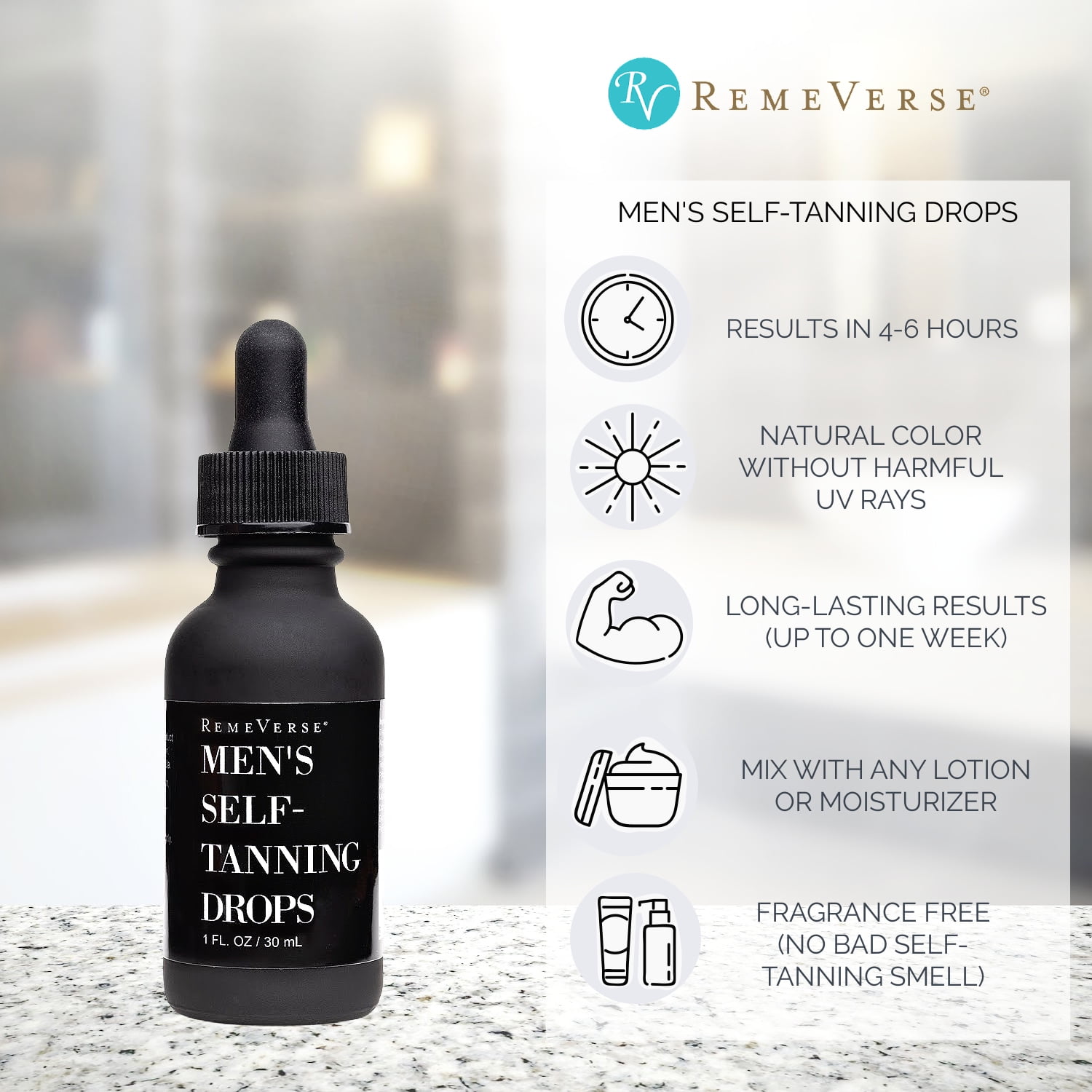Men’s Self-Tanning Drops by RemeVerse: Sunless Tanner Formulated for Men to Achieve Natural-Looking Color & Even Skin Tone