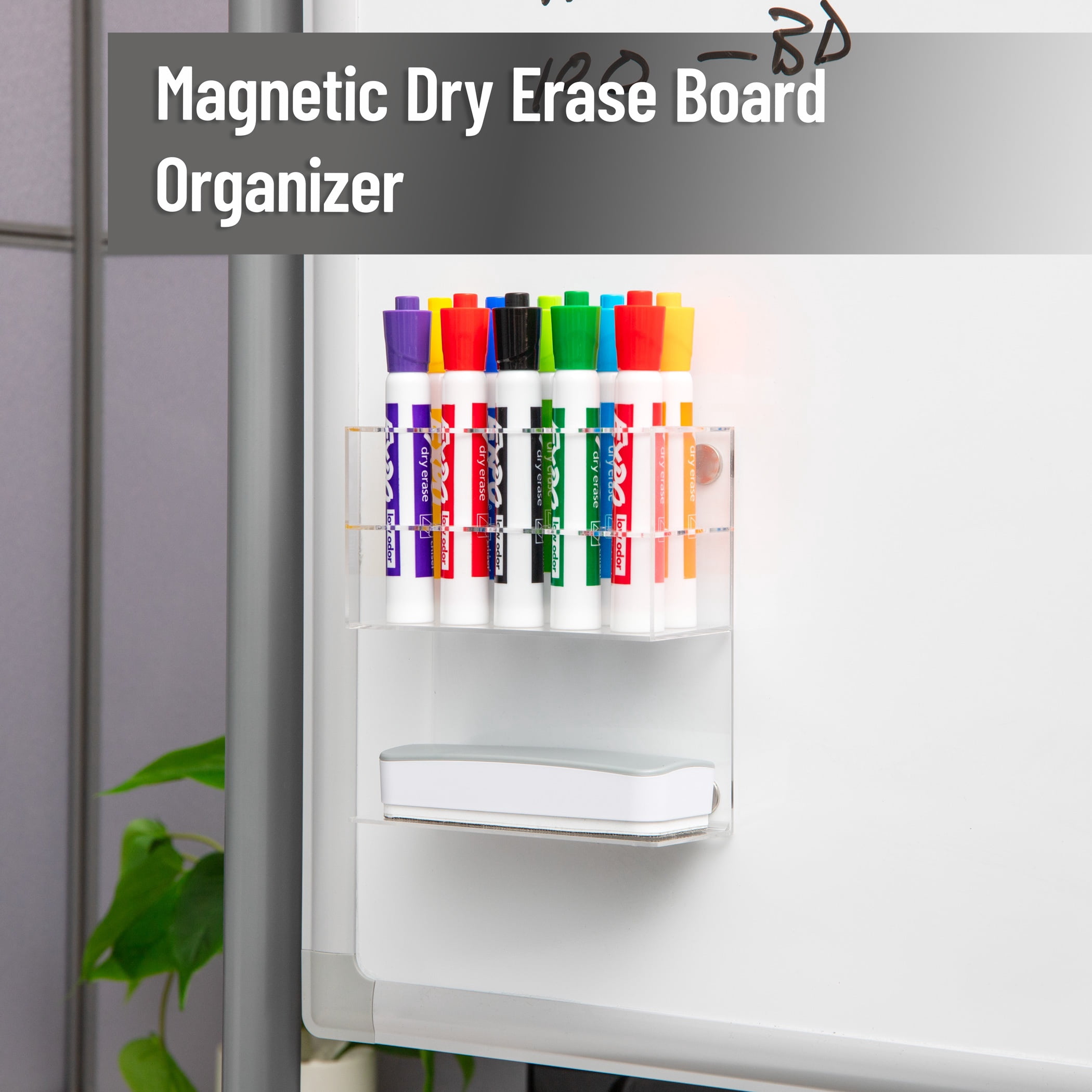 Mind Reader Magnetic Dry Erase Marker Holder, Acrylic Whiteboard Organizer with Eraser Shelf, Holds 10 Markers, Clear