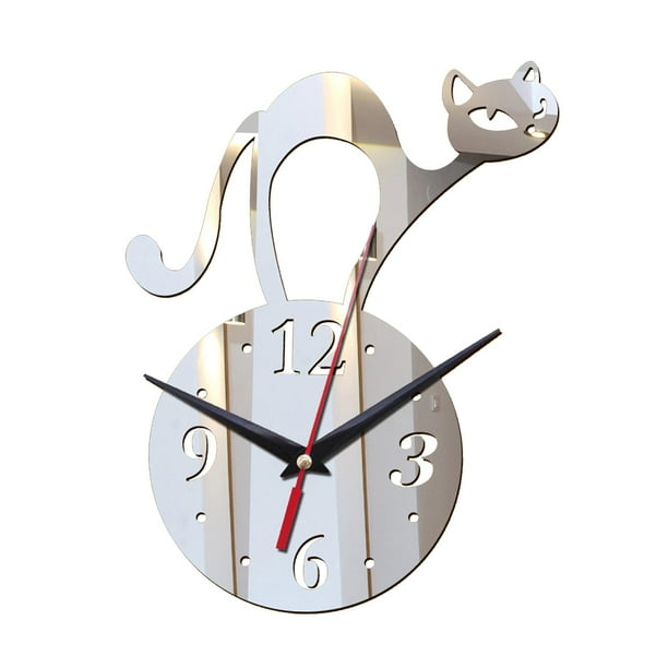 Relojes de pared con diseño de gato, pequeños, minimalistas, sin marco y sin tictac. Plata
