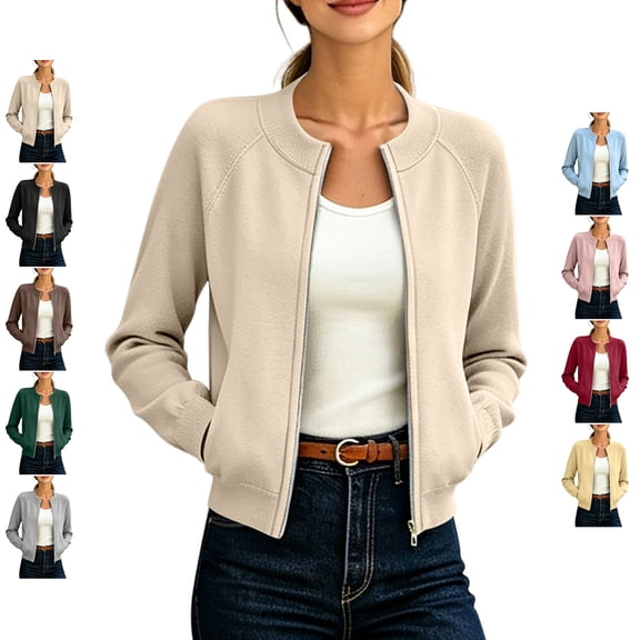 TGSLY Women's Cropped Cardigan Coat Casual Zip Up Solid Color Bomber Jacket Loose Ribbed Crew Neck Raglan Long Sleeve Everyday Outerwear with Pockets M