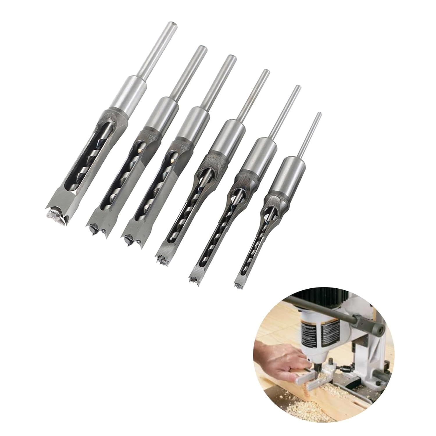 ALL-CARB 6 PCS Square Hole Drill Bits Woodworking Saw Tenon Drill Bit Kit 1/4in 5/16in 3/8in 1/2in 9/16in 5/8in Different Sizes