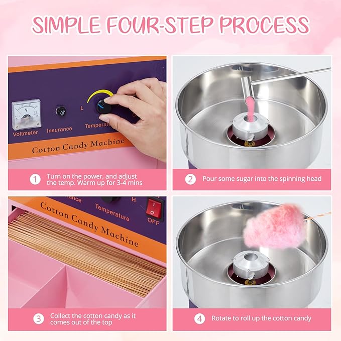 Cotton Candy Machine Commercial, 1000W Electric Cotton Candy Machine, Cotton Candy Maker with Stainless Steel Bowl, Sugar Scoop, Storage Drawer, Perfect for Family Party, Kids Birthday, Pink