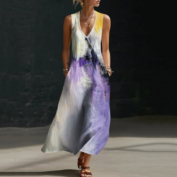 Zedker Floral Women's Maxi Dresses Sleeveless V Neck Long Dress Beach Sundresses Swing Dress Multicolor L
