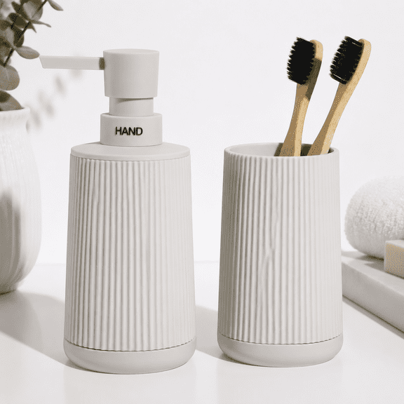 Beige 2-Piece Bathroom Soap Dispenser and Toothbrush Holder Set