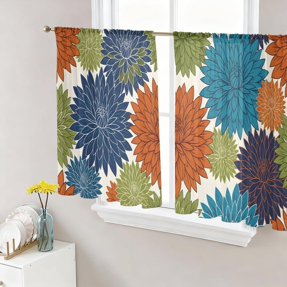 Colorful Flowers Semi Sheer Curtains 45 Inch Length 2 Panels Set, Country Retro Botanical Blooms Floral Sheer Kitchen Curtain Privacy Voile Window Curtain for Living Room Bedroom Rod Pocket Drapes