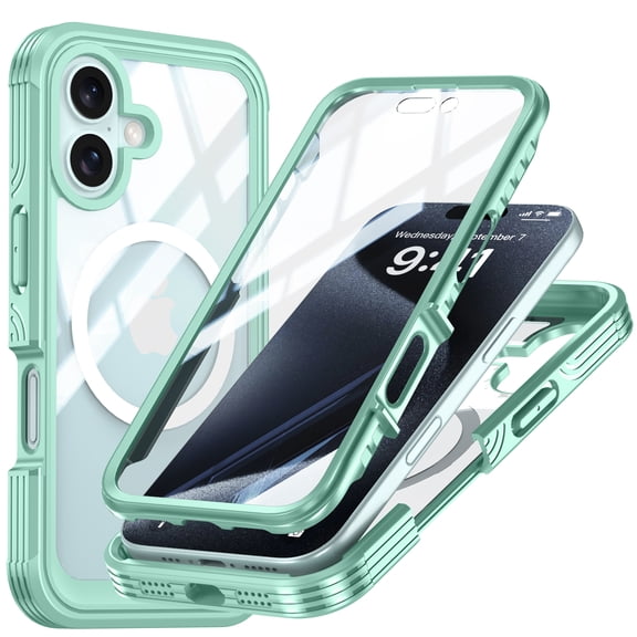 ChicShell Clear Case for iPhone 16 - Built-in Screen Protector - Compatible with MagSafe - Dustproof & Waterproof & Shockproof - Full Body Protective Slim Fit Case Cover, Green