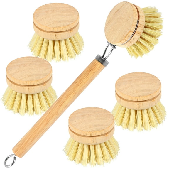 5PCS Bamboo Dish Brushes Sets,Kitchen Clean Dish Scrubber,Wooden Natural Bristle Dish Brushes,with 4 Replacement Heads for Washing and Cleaning Pot Pan Dish Bowl