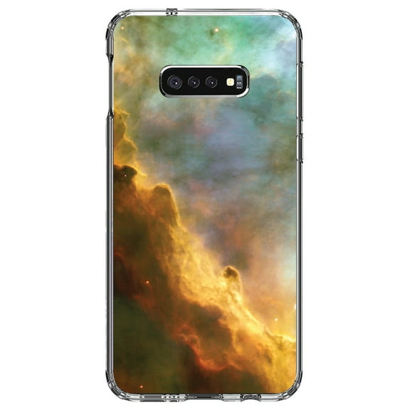 DistinctInk Clear Shockproof Hybrid Case for Samsung Galaxy S10e (5.8" Screen) - TPU Bumper, Acrylic Back, Tempered Glass Screen Protector - Blue Orange Red Omega Nebula - Astronomy