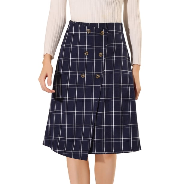 INSPIRE CHIC Falda de cintura alta a media pierna delantera con botones envolventes de imitación vintage a cuadros para mujer Azul S
