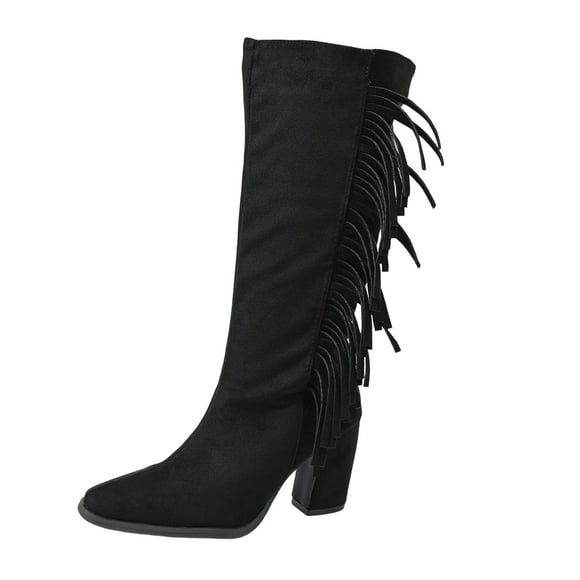 Wdhugt Casual Women Boots Faux Suede Mid Calf Black Size Us 6.5 Foot Length 9.45 Inch Winter Square Toe Thick Heel