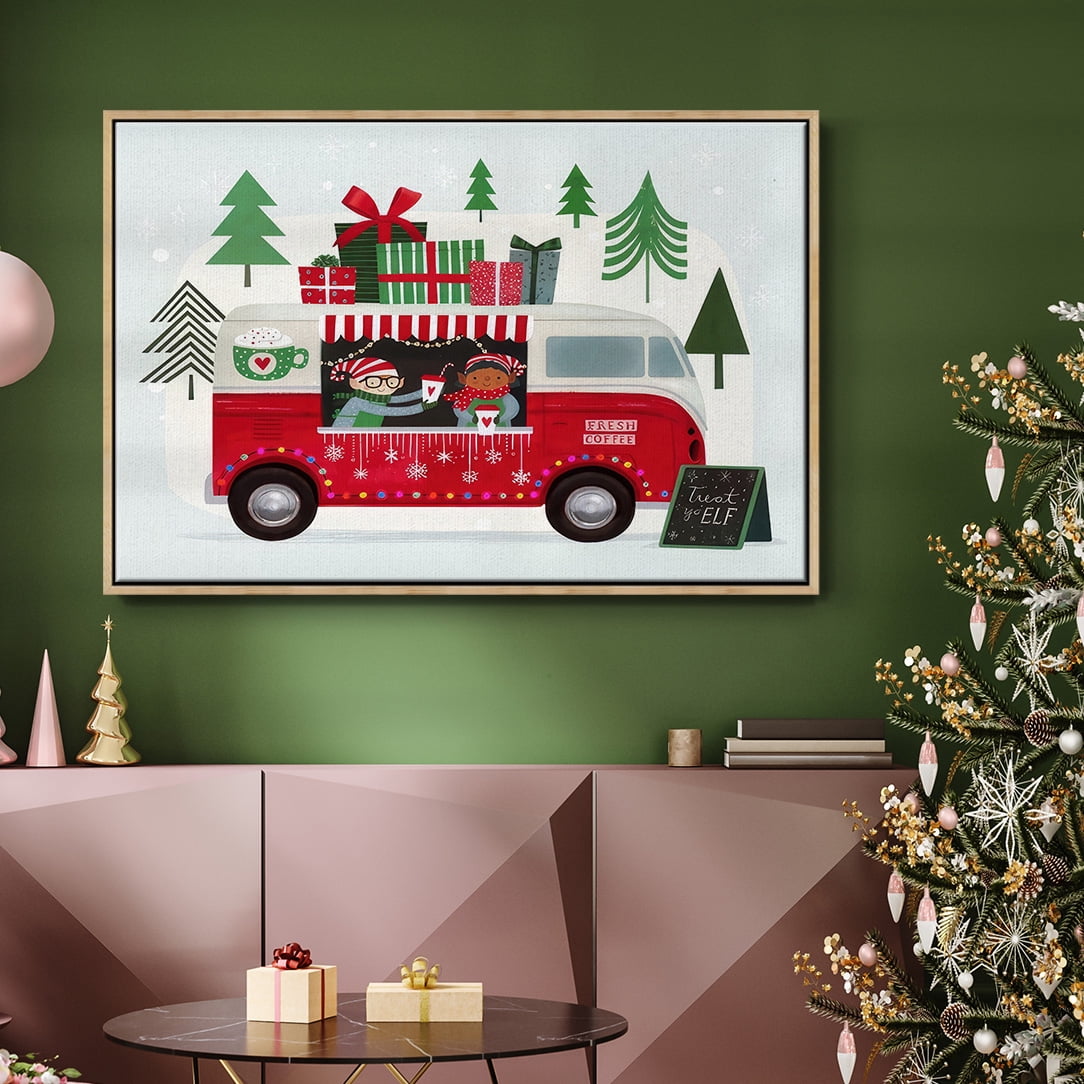 Santa's Foodtruck Collection A - Framed Gallery Wrapped Holiday Canvas - 17 x 25 - Natural Wood Frame