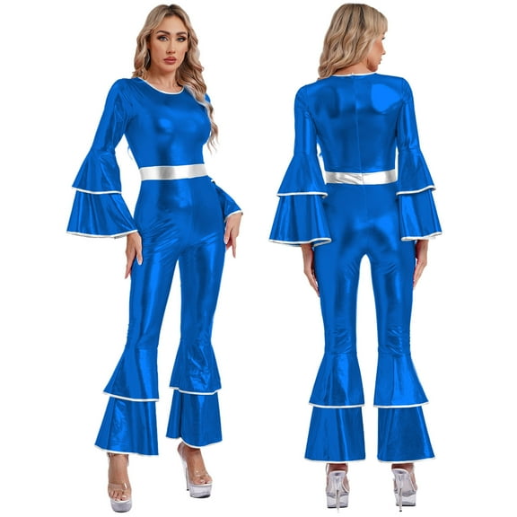 YiZYiF 70s Disco Costumes for Womens Metallic Shiny Jumpsuits Tiered Flare Sleeve Bell Bottoms Romper Royal Blue XXL