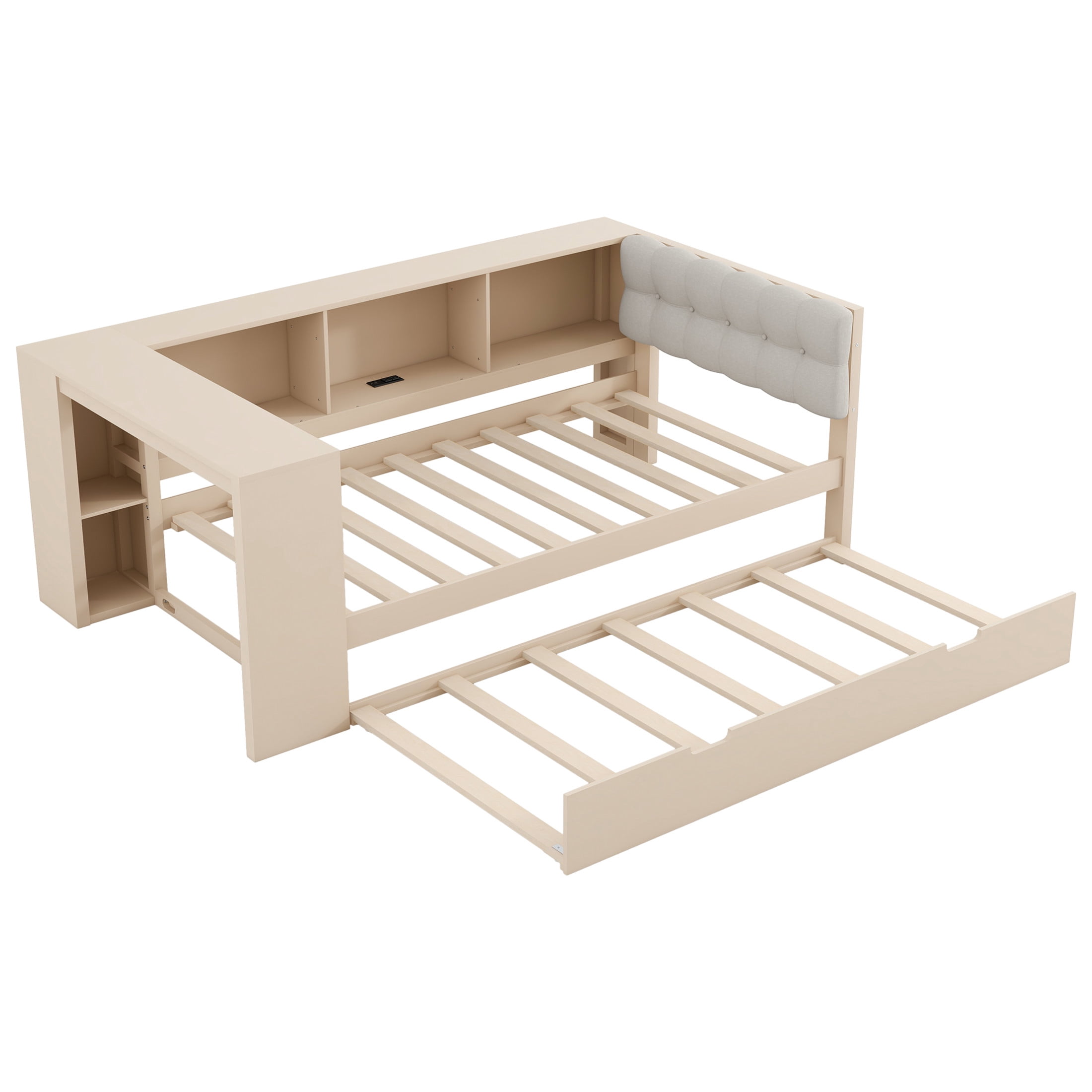 Noble House Twin Wooden Platform Bed, Upholstered Headboard, Storage Shelves, Charging Station and Trundle, Cream