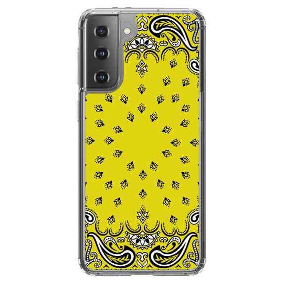 DistinctInk Clear Shockproof Hybrid Case for Galaxy S21  PLUS 5G (6.7" Screen) - TPU Bumper, Acrylic Back, Tempered Glass Screen Protector - Bandana Print - Yellow, Black, White