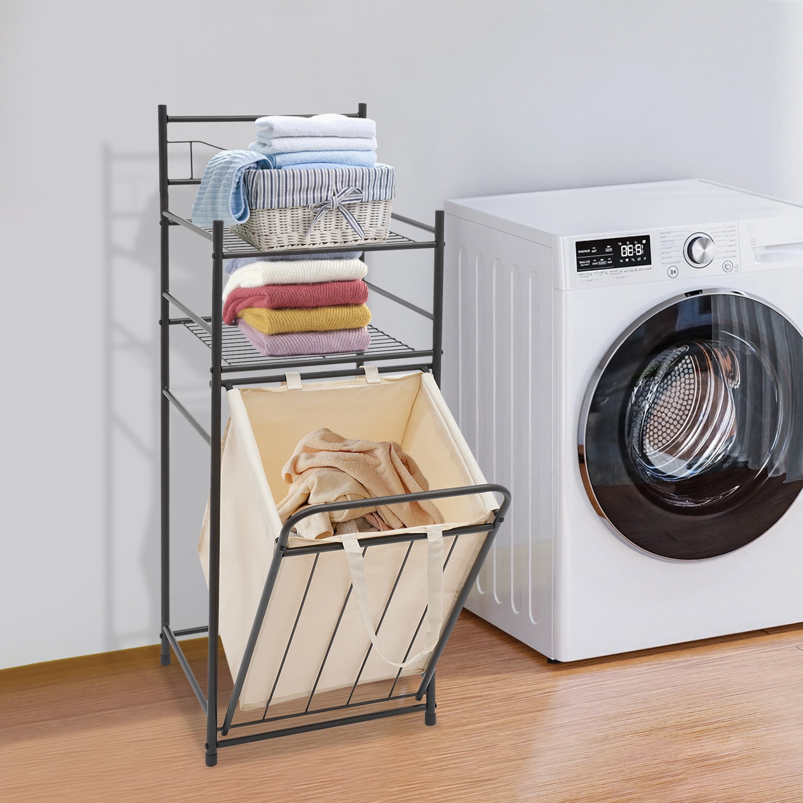 3-Tier Laundry Storage Basket Rack Laundry Rack with Removable Bag Laundry Basket with Shelf for Homes