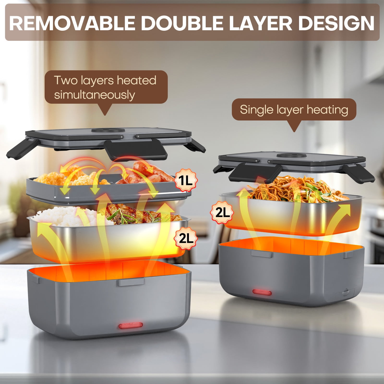 Electric Heated Lunch Box for Men - 3 Liters Double Layer Portable Food Warmer for Car Truck 90 W Self Heating Lunch Box for Adults Food Heater for Work Travel Camping lonchera,Dark Grey