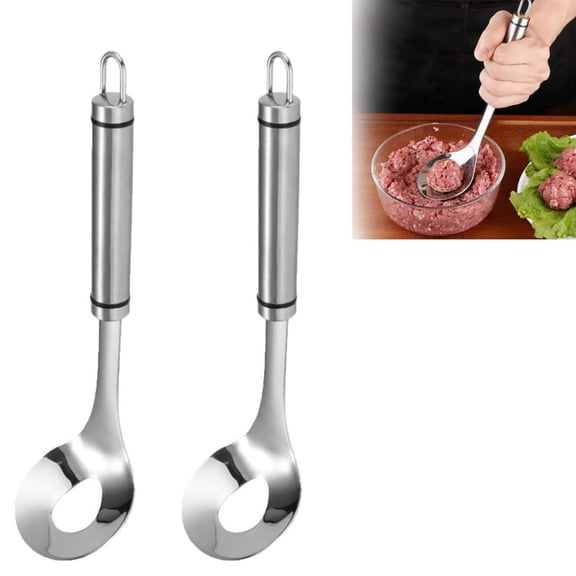 Stainless Steel Meatball Spoon, Set of 2 Manual Meatball Maker Tool for Beef Fish Balls and Shrimp Paste, Kitchen Cooking Meal Prep Shaper with Hanging Loop