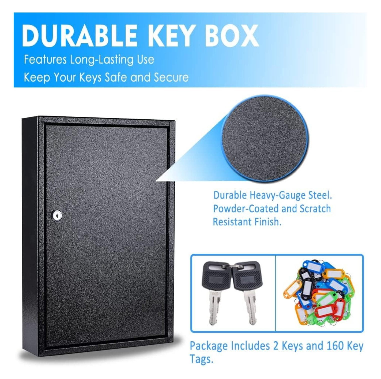 Key Box Wall Mount 160-Key Metal Key Cabinet with Numbered Key Tags Secure Lockable Vehicle Key Organizer Storage Car Lock Box for Key Control | Home, Office, Hotel, Real Estate (Black)