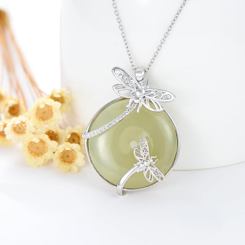 JKR Jade Necklace for Women Sterling Silver Round Cat/Hummingbird/Dragonfly/Butterfly/Bee Jade Jewelry Birthday Gifts Women Mom Wife Grandma