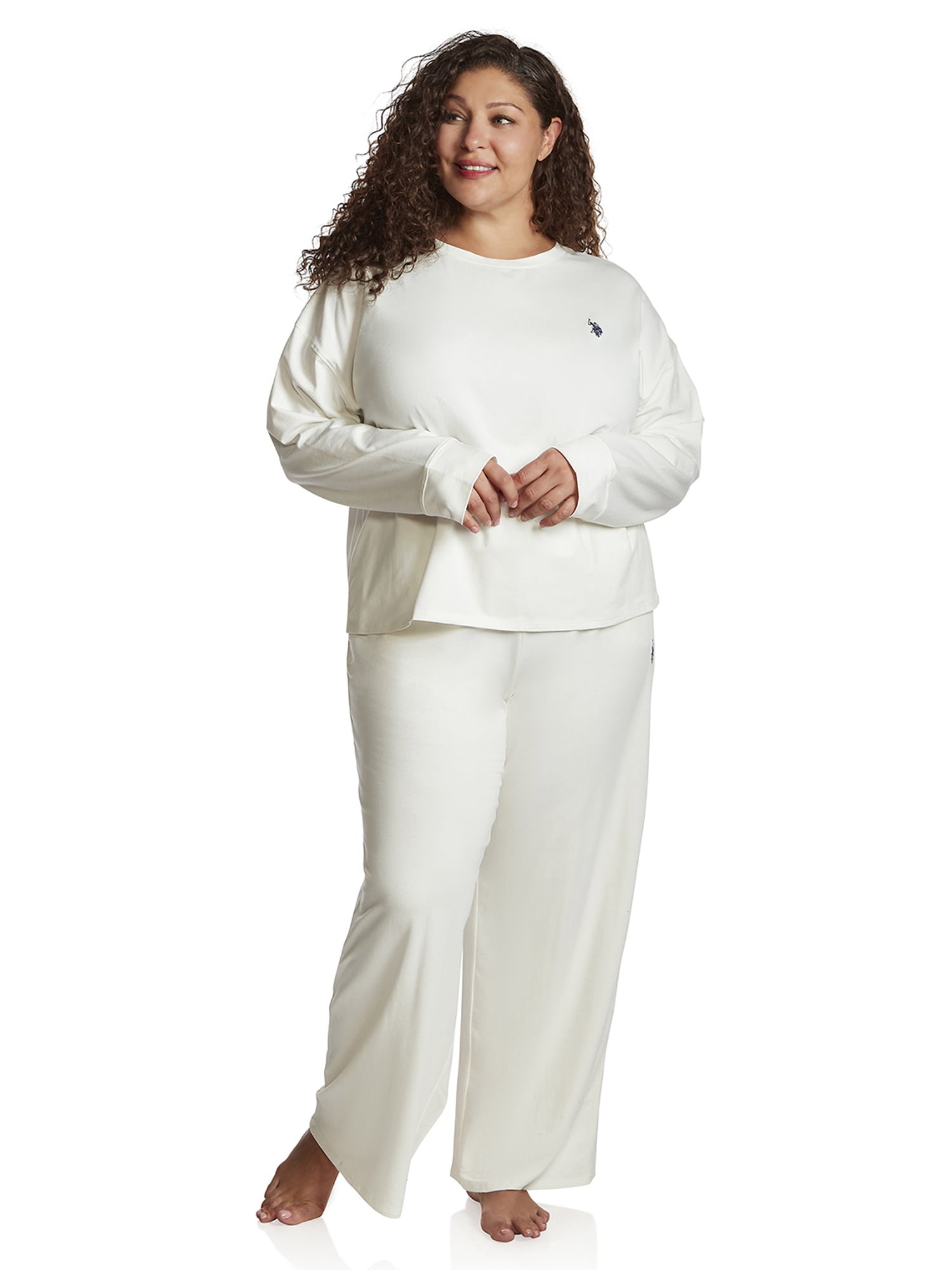 U.S. Polo Assn. Women's Long Sleeve Cotton Span Top and French Terry Wide Leg Pant Pajama Sleep Set, 2-Piece, Sizes S-3X