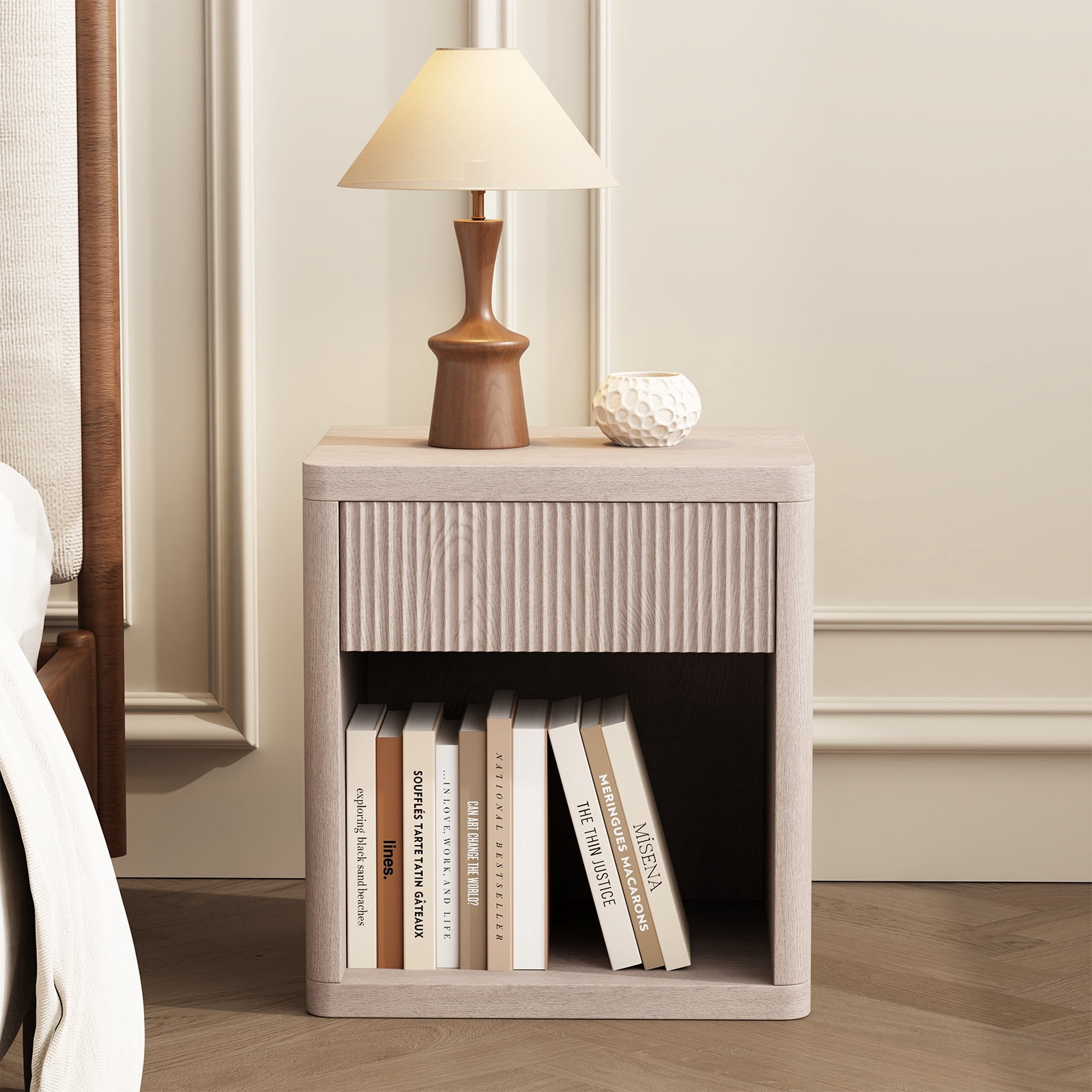 CONCETTA Nightstands Set of 2 with Drawer and Open Shelf, Mid Century Fluted End Table for Bedroom, Living Room and Office, White Oak
