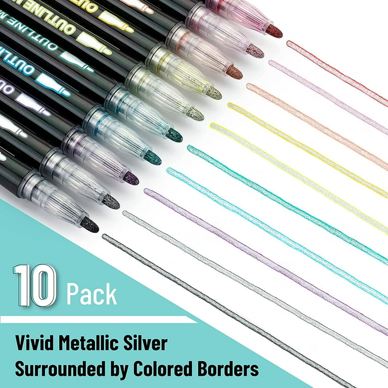 Mr. Pen- Double Line Outline Markers, 10 Colors, Shimmer Markers, Outline Markers Self-outline Metallic Markers, Outline Pens, Metallic Outline