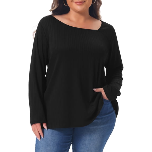 Agnes Orinda Womens Plus Size Tunic Tops Asymmetrical Neck Long Sleeve Soft Ribbed Casual Blouses 2X Black
