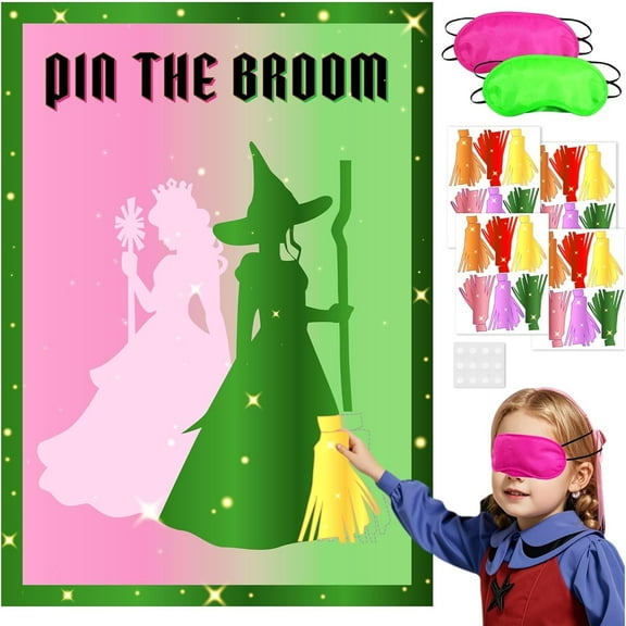 Witch Party Decorations Pin The Broom Birthday Party Games Decorations,Pink and Green Poster with 24 Reusable Broom Stickers for Witch Party Wall Decorations Supplies 19.5Inch x27.5Inch