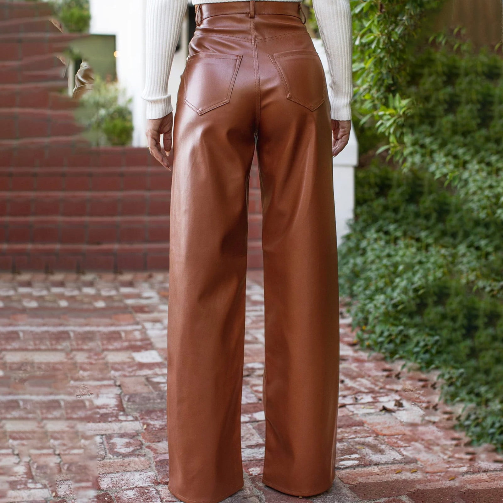 UYISJ Women Faux Leather Pants PU High Waist Straight Leg Pants with Pockets Leather Leggings Bell Bottom Flare Pants Brown S