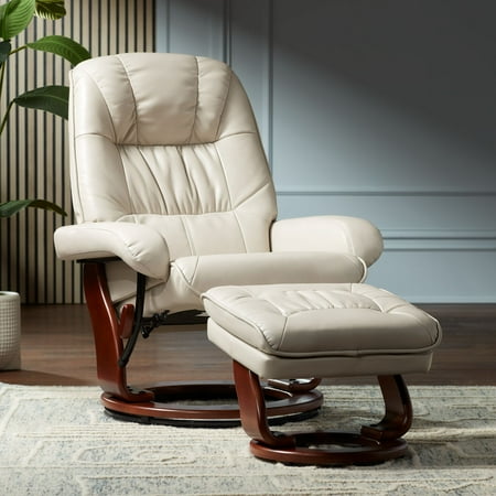 BenchMaster Kyle Taupe Faux Leather Recliner Chair Modern Armchair Ottoman Footrest Ergonomic Manual Reclining Swivel for Bedroom Living Room Reading