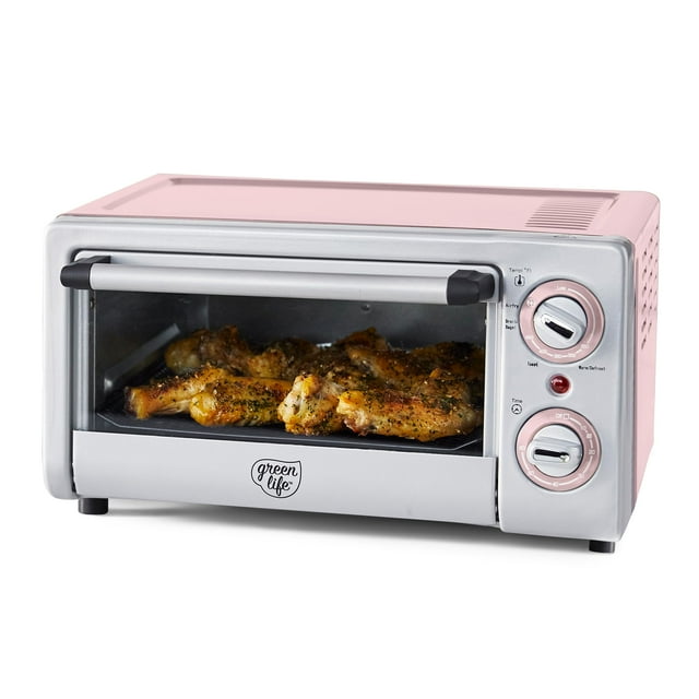 GreenLife Freidora de aire para horno tostador de encimera de acero inoxidable, cerámica saludable antiadherente, sin PFAS ni PFOA, bandeja y cesta, hornear, asar, recalentar, control de temperatura y