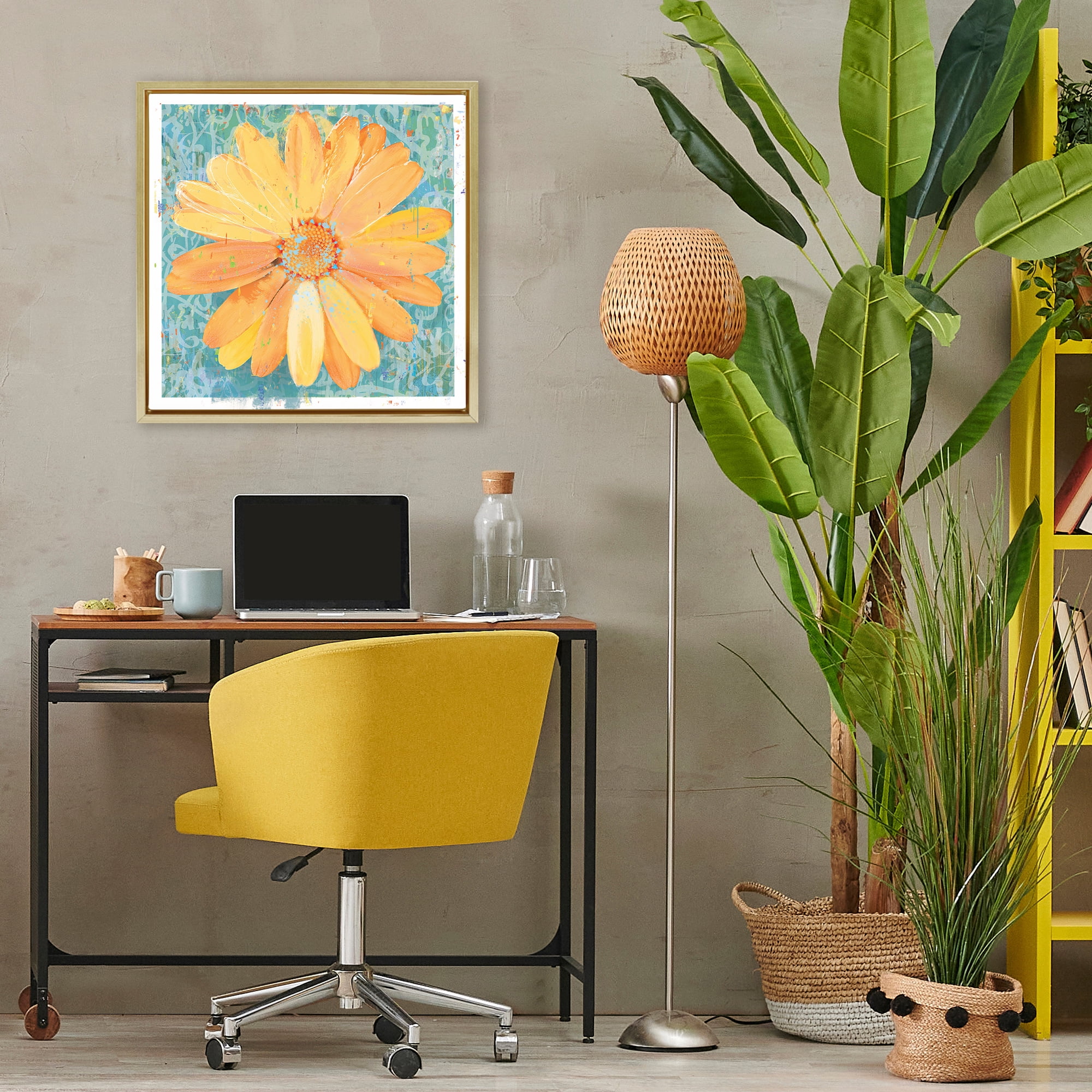 Stupell Industries Urban Daisy over Graffiti Gold Framed Floater Canvas Wall Art, design by Porter Hastings