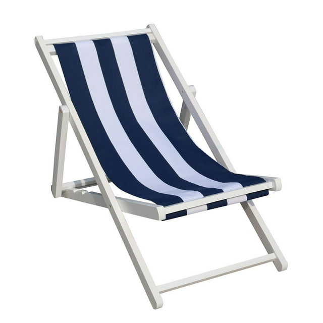 Beach Lounge Chair Wood Sling Chair Navy Style Back Adjustable Outdoor Chaise Lounge for Garden Patio Dark Blue