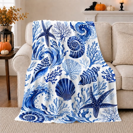 Blue Seashells Starfish and Coral Bold Coastal Style for Ocean Lovers Nautical Reef Collection and Housewarming Gift Cozy Flannel Blanket for Beach House and Bedroom Home Decor