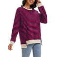 thumbnail image 4 of ATHLECHIC Womens  Striped Oversized Split Hem Sweatshirt Crew Neck Color Block Casual Loose Shirt Tops M Red Blue, 4 of 4