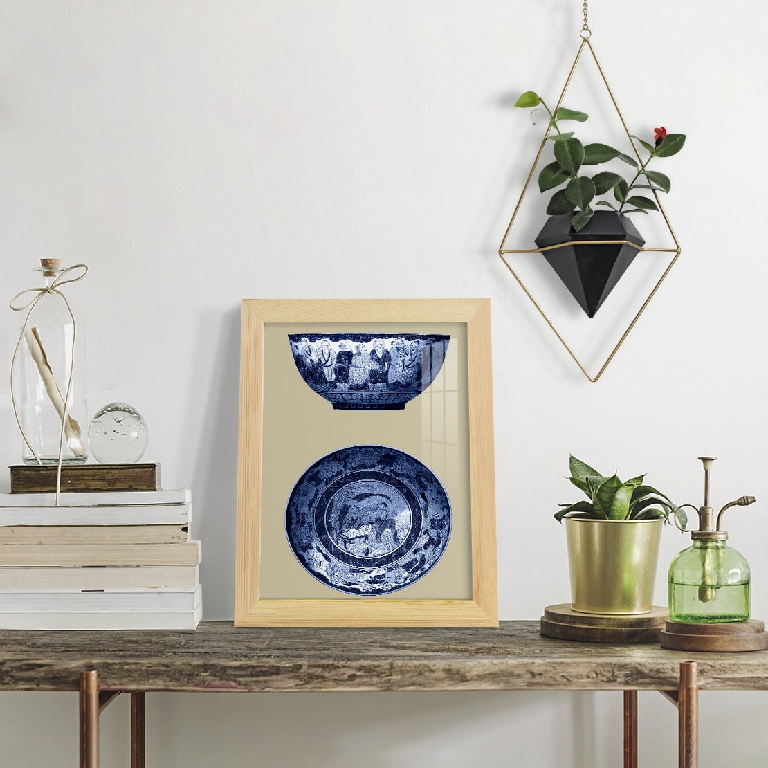 Porcelain in Blue and White II -Framed Print w/glass-Natural Wood