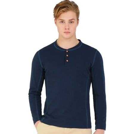 Men Lightweight Casual Cotton Pullover Long Sleeve Henley T Shirts Navy ...