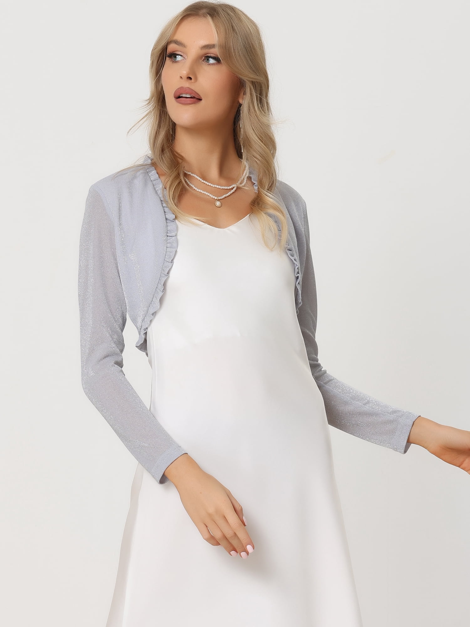 Unique Bargains Women's Elegant Long Sleeve Glitter Crop Ruffle Bolero Shrug M Silver