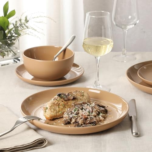 Rockaway 12-Piece Round Stoneware Dinnerware Set, Service for 4 – Beige Plates and Bowls, Modern Matte Finish, Microwave & Dishwasher Safe
