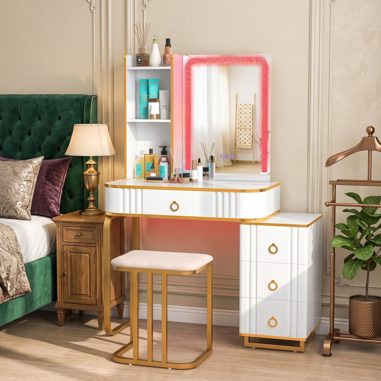 Furnibear Vanity Table Set with RGB LED Lights and Wireless Charging, Makeup Vanity Desk with Storage Shelves and Cushioned Stool, White