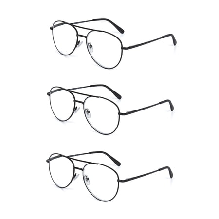 EYE ZOOM 3 Pack Aviator Style Metal Frame Blue Light Blocking Reading Glasses (Black, +3.50 Strength)