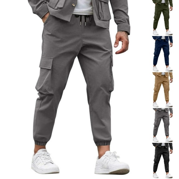 KeShDi Cargo Sweatpants Men Army Pants Casual and Fashionable Solid Color Pocket Drawstring Elastic Waist Workwear Pants Gray L