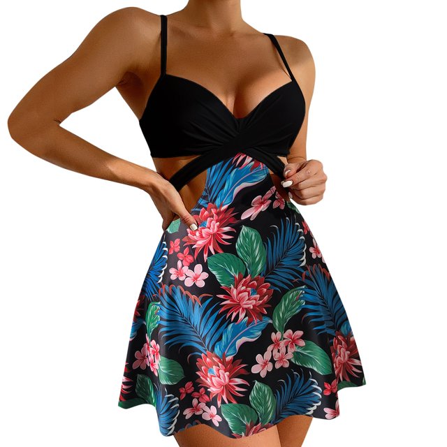 Gibobby Trajes de Baño para Mujer Traje de baño de 3 piezas para mujer Conjunto de bikini de triángulo halter metálico con falda de playa(Negro,CH)