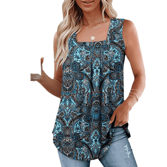 Eternatastic Womens Square Neck Tank Tops Summer T Shirts Sleeveless Casual Loose Fit Tunic Blouses Flowy Pleated Shirt S-2XL