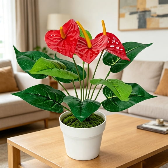 Artificial Anthurium Flowers - Realistic Faux Tropical Potted Plant for Home, Office, Garden, Indoor & Outdoor Decor, Low Maintenance