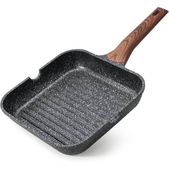 Kordisen 9.5 Inch Square Nonstick Indoor Induction Granite Coated Grill Pan with Pour Spouts