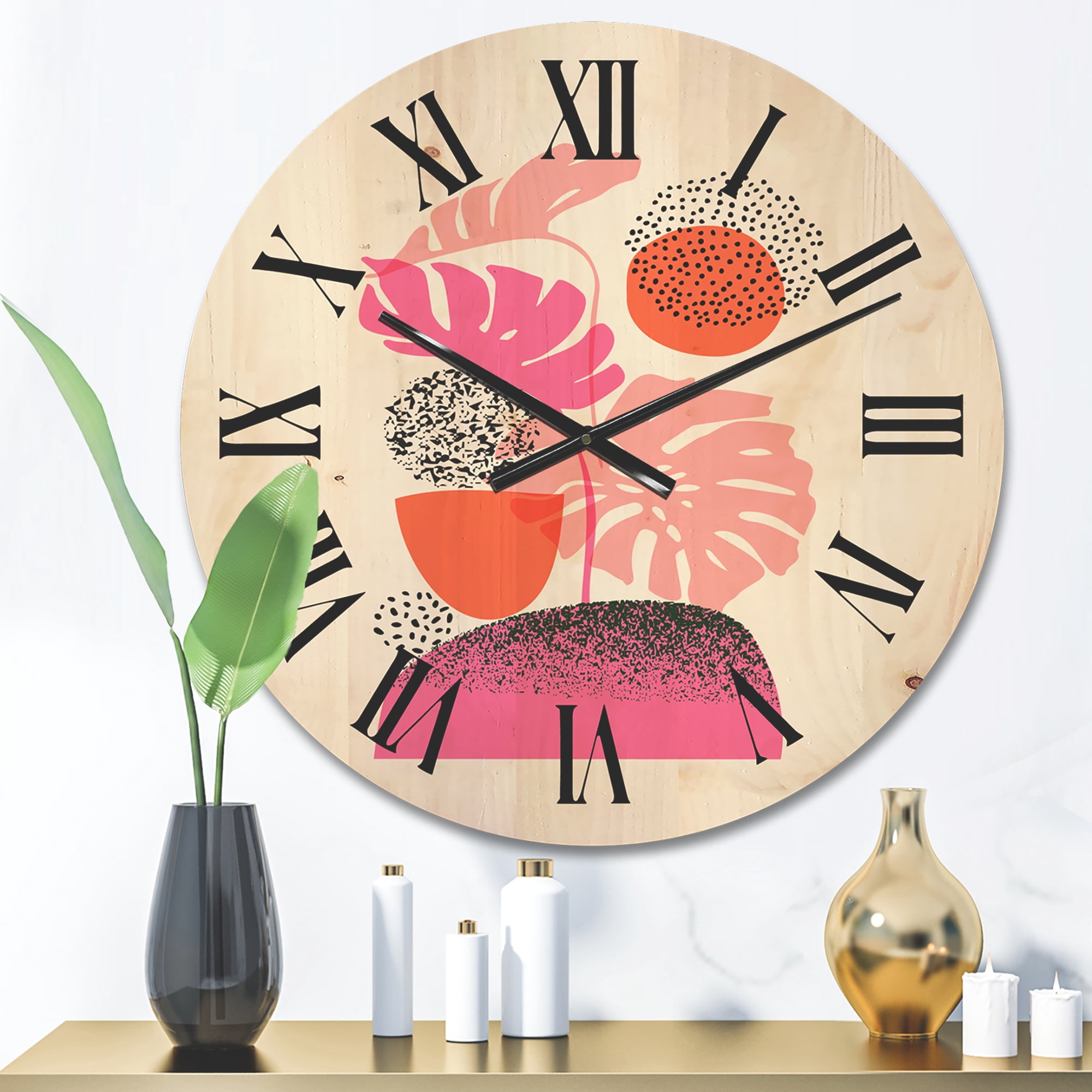 Designart 'Geometric Sun and Moon Shapes With Tropical Leaves' Modern Wood Wall Clock