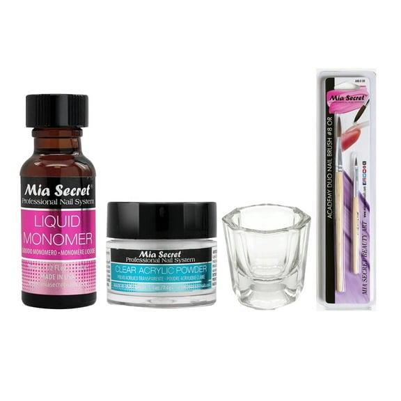 Mia Secret - Liquid Monomer 0.5oz   Clear Acrylic Powder 0.25 oz   Dappen Dish   Academy Duo Nail Brush #8 OR - COMBO