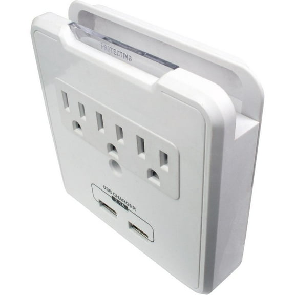 Quest Wall Surge Tap, 3-Outlets W/ 2 USB Ports and Cell Holder, ETL